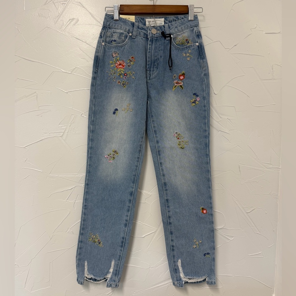 Embroidered Womens Floral Blue Jeans Straight Leg